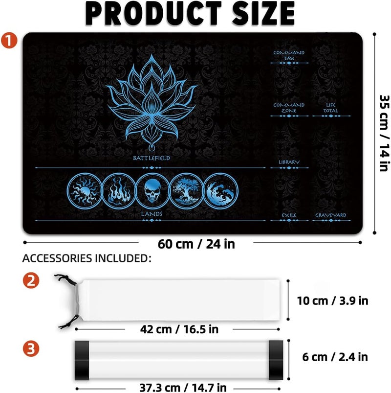 FROGIGO MTG Playmat with Play Zones – Magic Play mat Card Game Mat for Magic The Gathering, Lotus & Basic Lands Design, 24x14 inch, Stitched Edge, Non-Slip Base with Prismatic Playmat Tube-Blue Zone - Image 2